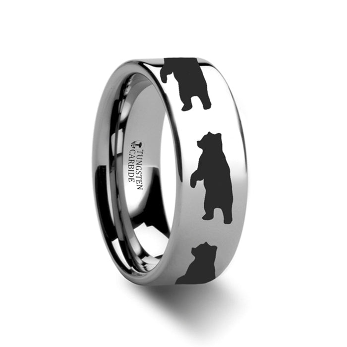 Standing Bear Print Ring Engraved Flat Tungsten Ring - 4mm - 12mm