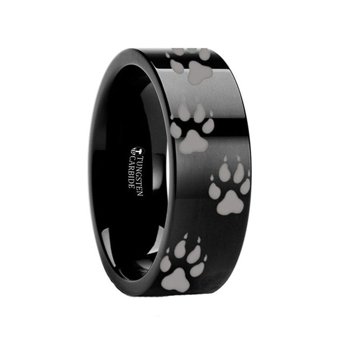 Animal Track Wolf Print Ring Engraved Black Tungsten - 4mm - 12mm