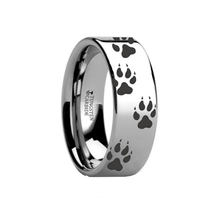 Animal Track Wolf Print Ring Engraved Flat Tungsten Polished - 4mm - 12mm