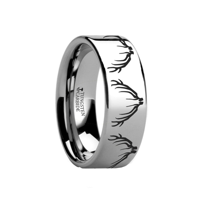 Deer Elk Antler Engraved Ring Flat Tungsten Ring Polished - 4mm - 12mm