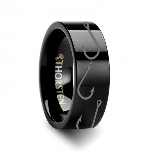 Fishing Hook Pattern Ring Engraved Flat Black Tungsten Ring - 4mm - 12mm