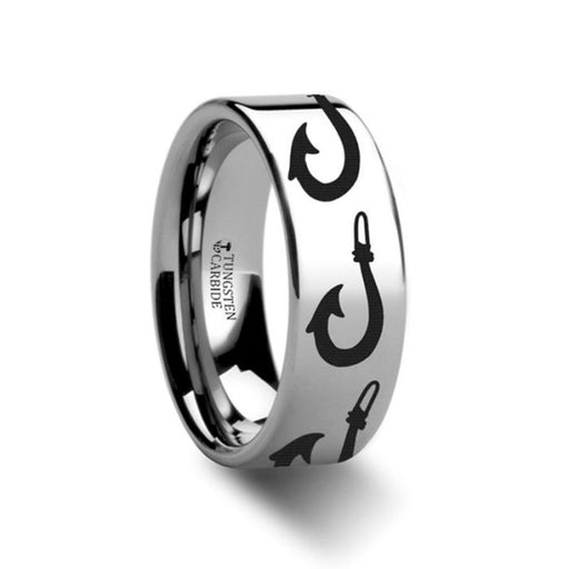 Large Polynesian Fishing Hook Pattern Ring Engraved Flat Tungsten Ring - 4mm - 12mm