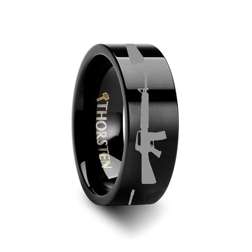 M16 Print Design Ring Engraved Flat Tungsten Black Ring - 4mm - 12mm