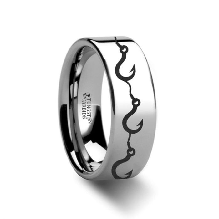 Multiple Fishing Hook Pattern Ring Engraved Flat Tungsten Ring - 4mm - 12mm