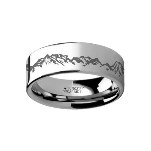 Peaks Mountain Range Outdoors Ring Engraved Flat Tungsten Ring - 4mm - 12mm