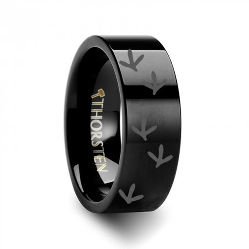 Quail Bird Track Print Ring Engraved Flat Black Tungsten Ring - 4mm - 12mm