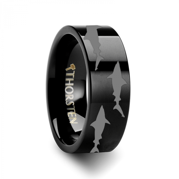Shark Predator Fish Sea Print Pattern Ring Engraved Flat Black Tungsten Ring - 4mm - 12mm