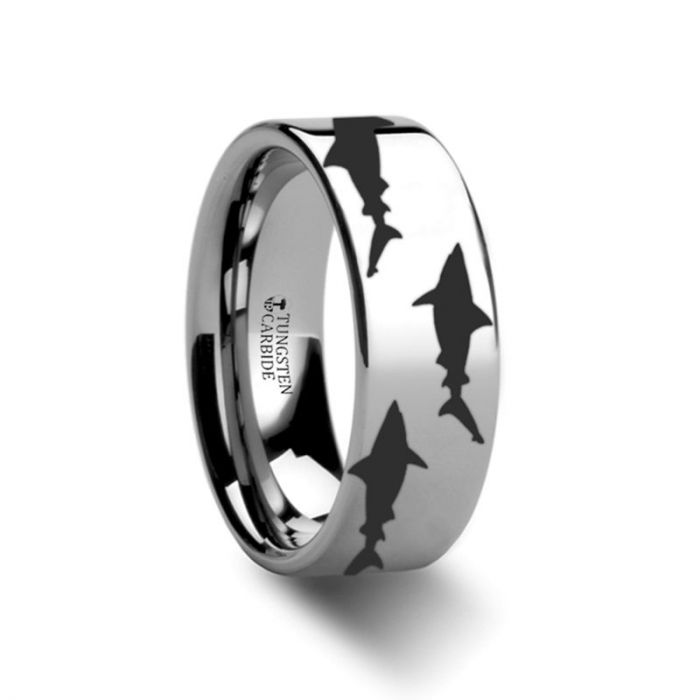 Shark Predator Fish Sea Print Pattern Ring Engraved Flat Tungsten Ring - 4mm - 12mm
