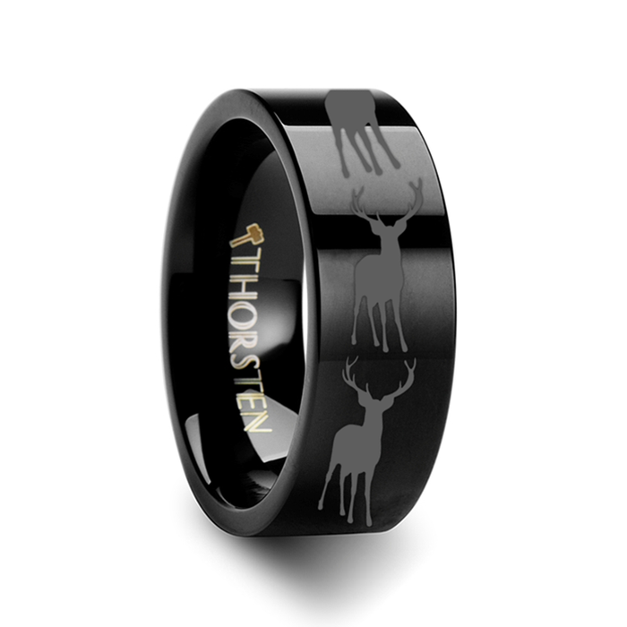 Stag Fawn Deer Elk Print Ring Engraved Flat Black Tungsten Ring - 4mm - 12mm
