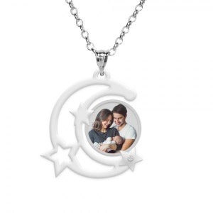 Moon Silhouette w/ Stars Photo Pendant and 1 Cubic Zirconia Jewelry