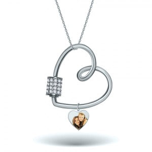 Carabiner Heart Pendant Necklace with CZ Barrel and Dangle Photo Charm Jewelry