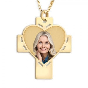 Cross with Cut-Out Heart Photo Pendant Charm Jewelry