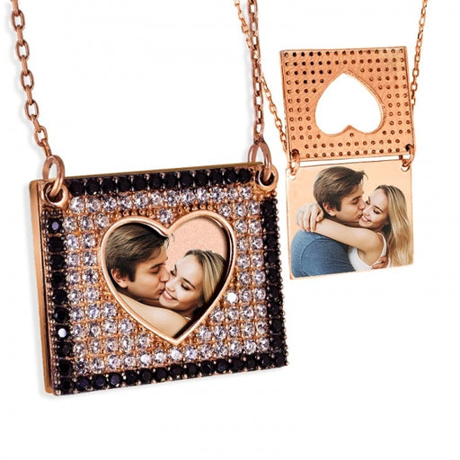 Photo Engraved Flip Up CZ Square Frame Necklace Jewelry