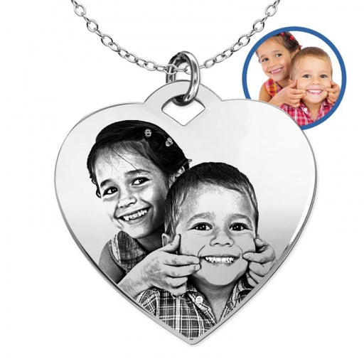 Antiqued Laser Carved Photo Heart Pendant with 18" Necklace