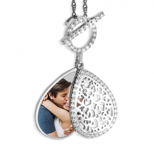 Photo Engraved Ornate Teardrop Swivel Locket with Chain Included Jewelry