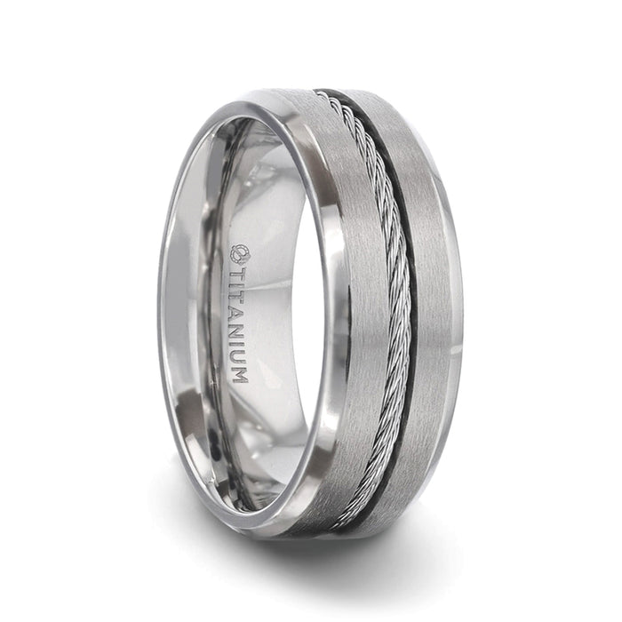 ALBERT Steel Cable Inlaid Brushed Center Titanium Men's Wedding Band With With Beveled Polished Edges - 8mm