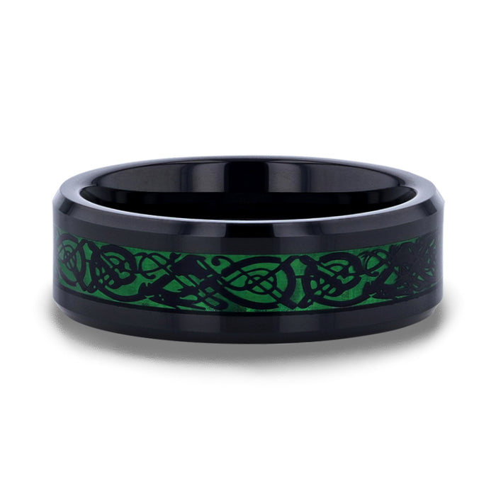 ALLURE Black Dragon Design With Green Background Inlaid Black Tungsten Men's Ring With Clear Coating And Beveled Edge - 8 mm