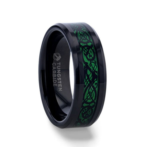 ALLURE Black Dragon Design With Green Background Inlaid Black Tungsten Men's Ring With Clear Coating And Beveled Edge - 8 mm