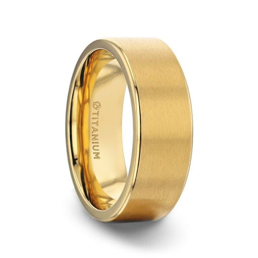 AURELIANO Yellow Gold Plating Titanium Men's Wedding Band With Flat Brushed Finish Center And Rounded Polished Edges - 8mm