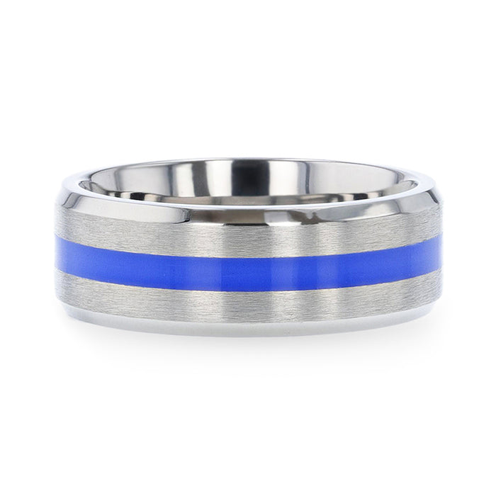 BARRY Blue Stripe Inlaid Titanium Flat Brushed Men's Wedding Ring With Beveled Polished Edges - 8mm