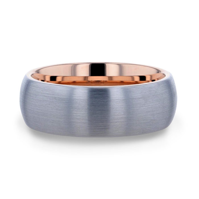 CAMERON Domed Brushed Finish Tungsten Carbide Men's Wedding Band With Rose Gold Ion Plating Interior - 8 mm