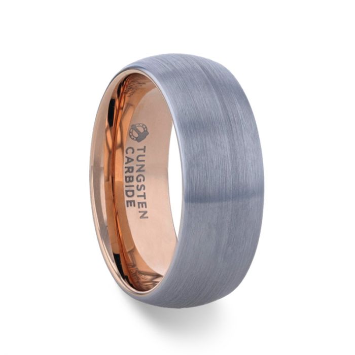CAMERON Domed Brushed Finish Tungsten Carbide Men's Wedding Band With Rose Gold Ion Plating Interior - 8 mm