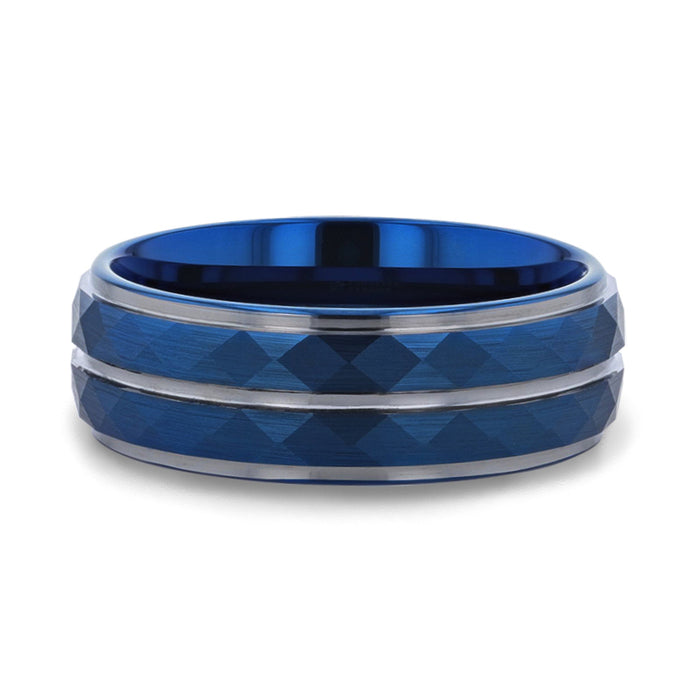 CARMEL Blue Ion Plated Tungsten Carbide Men's Ring With Faceted Center And Stepped Edges - 8 mm