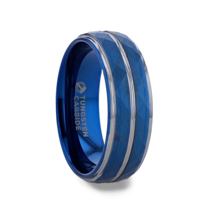 CARMEL Blue Ion Plated Tungsten Carbide Men's Ring With Faceted Center And Stepped Edges - 8 mm