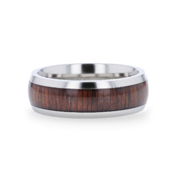 CARY Black Walnut Wood Inlaid Titanium Domed Polished Finish Men's Wedding Ring With Beveled Edges - 8 mm