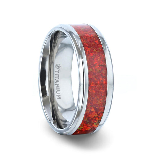 CASSIOPEIA Titanium Men's Wedding Ring With Beveled Edges And Red Opal Inlay - 8mm