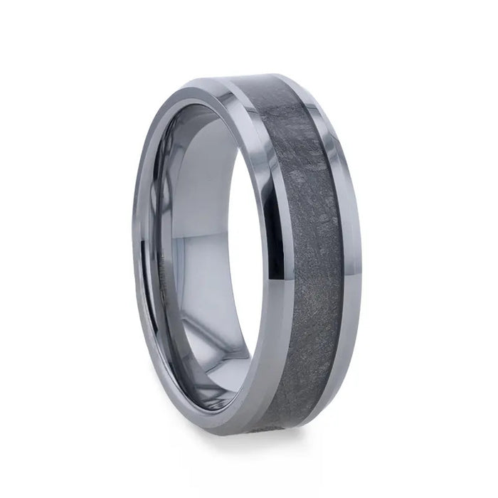 CELESTIAL Flat Tungsten Carbide Ring with Beveled Edges and Meteorite Inlay - 8 mm