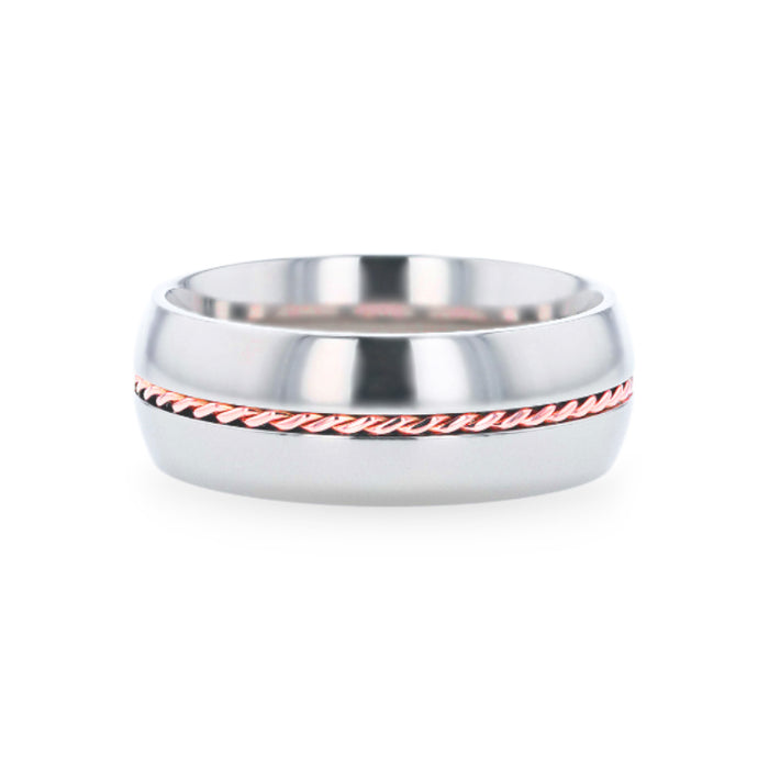 CONDUCTOR Titanium Domed Polished Wedding Ring With 14k Rose Gold Braided Inlay - 8mm