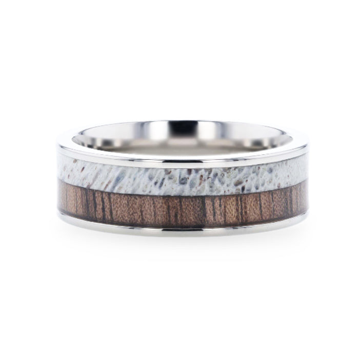 DARBY Titanium Polished Finish Flat Men's Wedding Ring With Deer Antler And Black Walnut Wood Inlay - 8mm