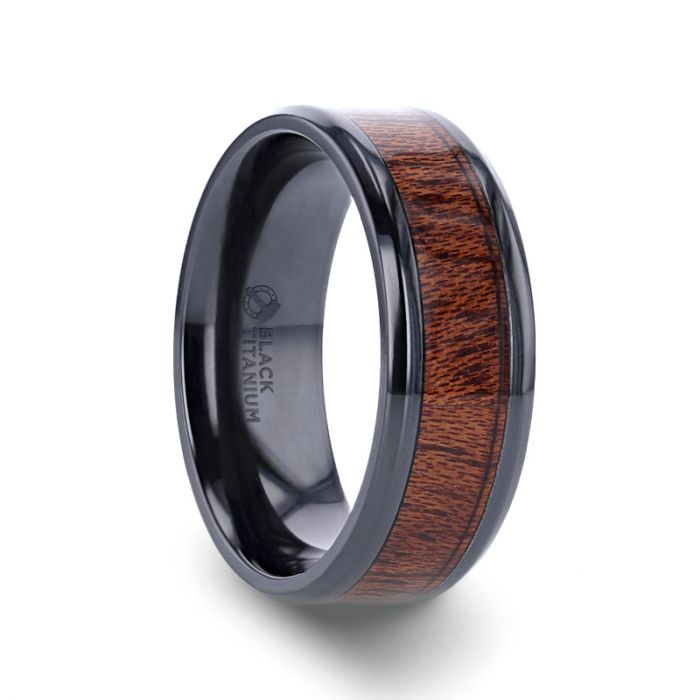 DOMINICA Black Titanium Band with Polished Bevels and Exotic Mahogany Hard Wood Inlay - 8 mm