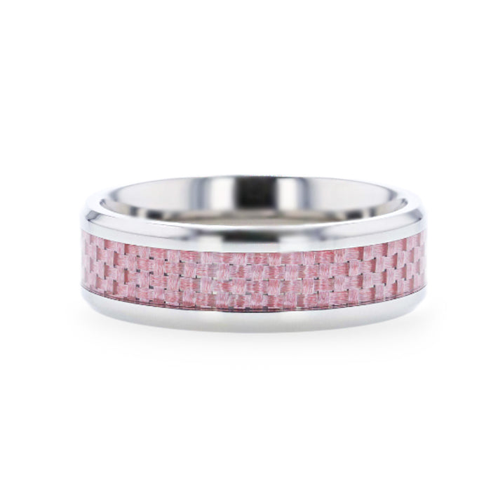 DOMINIQUE Pink Carbon Fiber Inlaid Titanium Flat Polished Finish Men's Wedding Ring With Beveled Edges - 8mm
