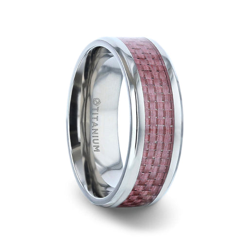 DOMINIQUE Pink Carbon Fiber Inlaid Titanium Flat Polished Finish Men's Wedding Ring With Beveled Edges - 8mm