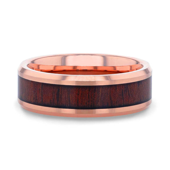 DYLAN Rose Gold Plated Koa Wood Inlaid Tungsten Men's Wedding Band With Beveled Polished Edges - 8 mm