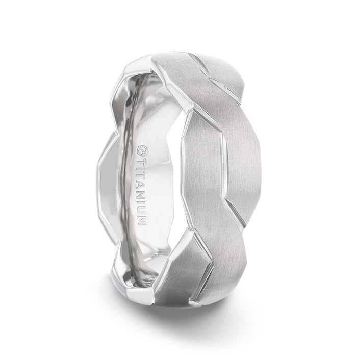 ENDURE Interlocking Infinity Symbol Flat Brushed Titanium Men's Wedding Band With Polished Grooves