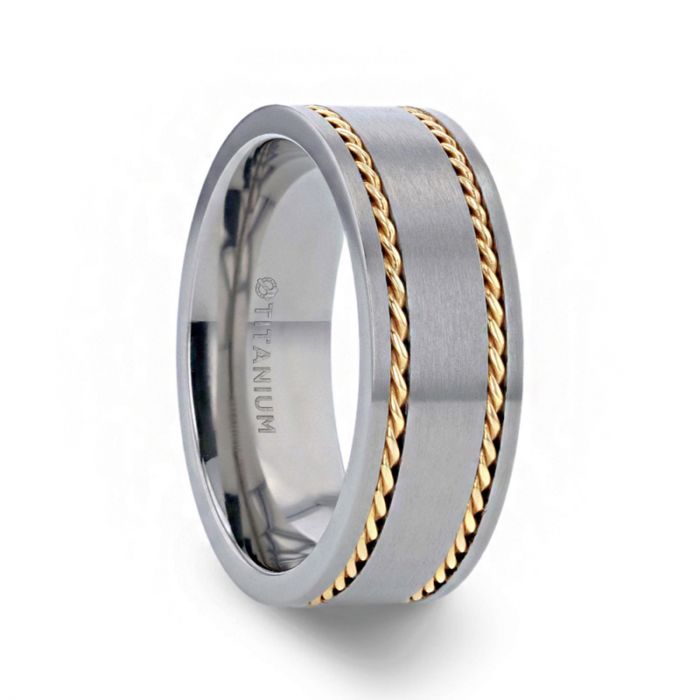 FERDINAND Titanium Brushed Finish Flat Men's Wedding Ring With 14K Yellow Gold Dual Braided Inlay - 8mm