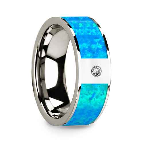 Flat 14k White Gold with Blue Opal Inlay & White Diamond Setting - 8 mm