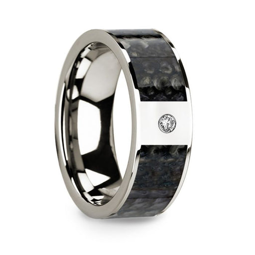 Flat 14k White Gold with Blue Dinosaur Bone Inlay & White Diamond Setting - 8 mm