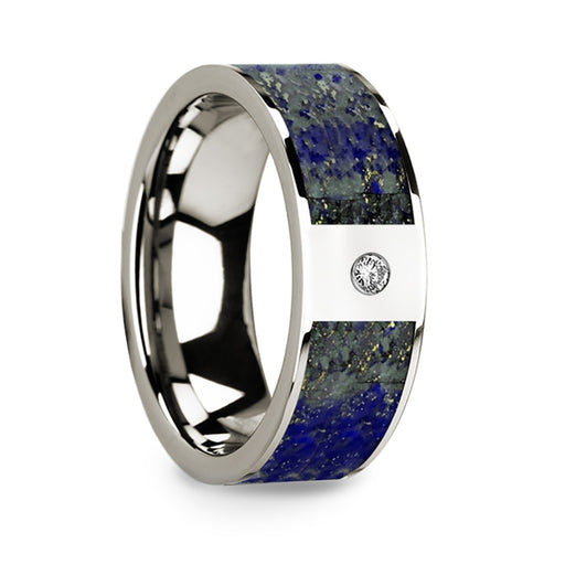 Flat 14k White Gold with Blue Lapis Lazuli Inlay & White Diamond Setting - 8 mm