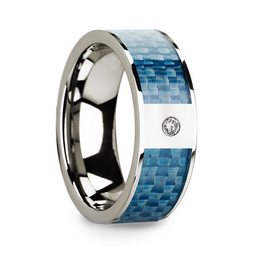 Flat 14k White Gold With Blue Carbon Fiber Inlay & White Diamond Setting - 8mm