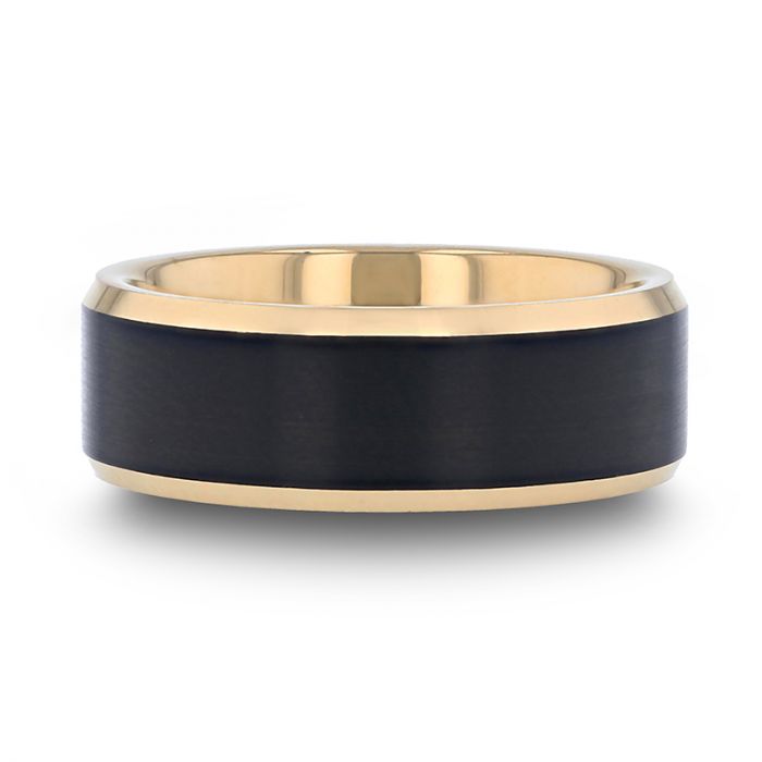 GASTON Gold Plated Tungsten Polished Beveled Ring with Brushed Black Center - 6mm & 8mm