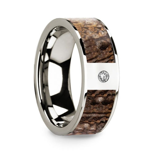 Flat 14k White Gold with Brown Dinosaur Inlay & White Diamond Setting - 8 mm