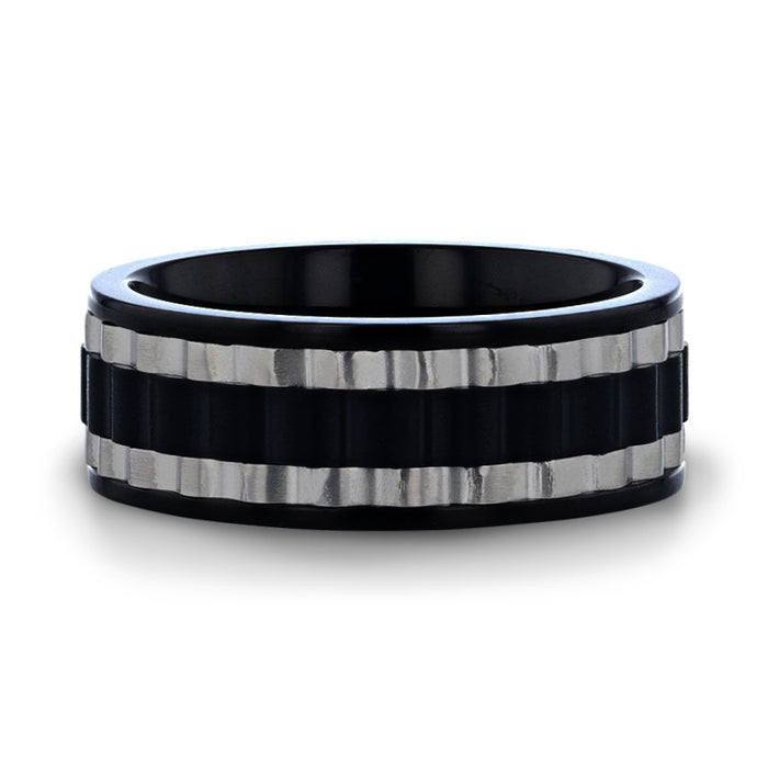 GEAR Two Toned Wavy Centered Brushed Black Titanium Men's Wedding Band With Flat Polished Edges - 8 mm