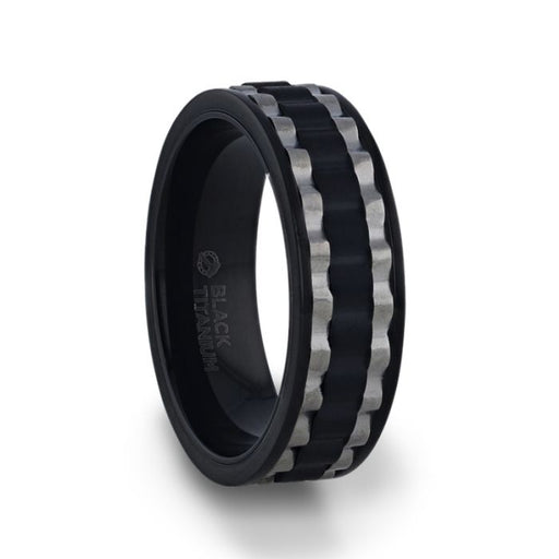 GEAR Two Toned Wavy Centered Brushed Black Titanium Men's Wedding Band With Flat Polished Edges - 8 mm