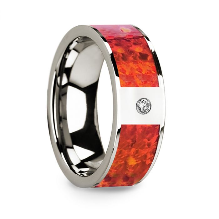 Red Opal Inlaid Polished 14k White Gold Men’s Wedding Ring with Diamond Accent - 8mm