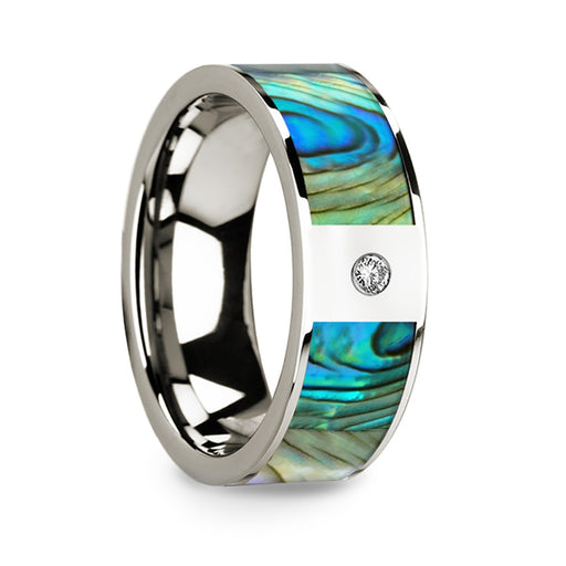 Flat 14k White Gold with Mother of Pearl Inlay & White Diamond Setting - 8 mm