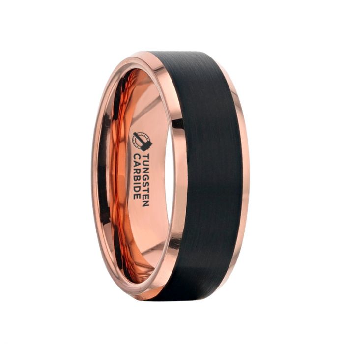 HAYDEN Rose Gold Plated Tungsten Polished Beveled Ring with Brushed Black Center - 6 mm - 8 mm